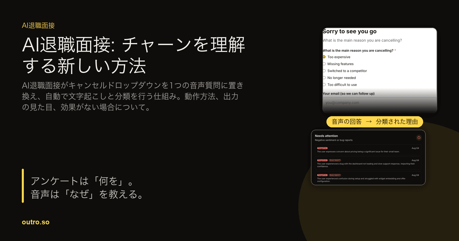 AI生成の要約の横に音声録音ボタンがある解約ページで、話された文が構造化された解約理由に変換される