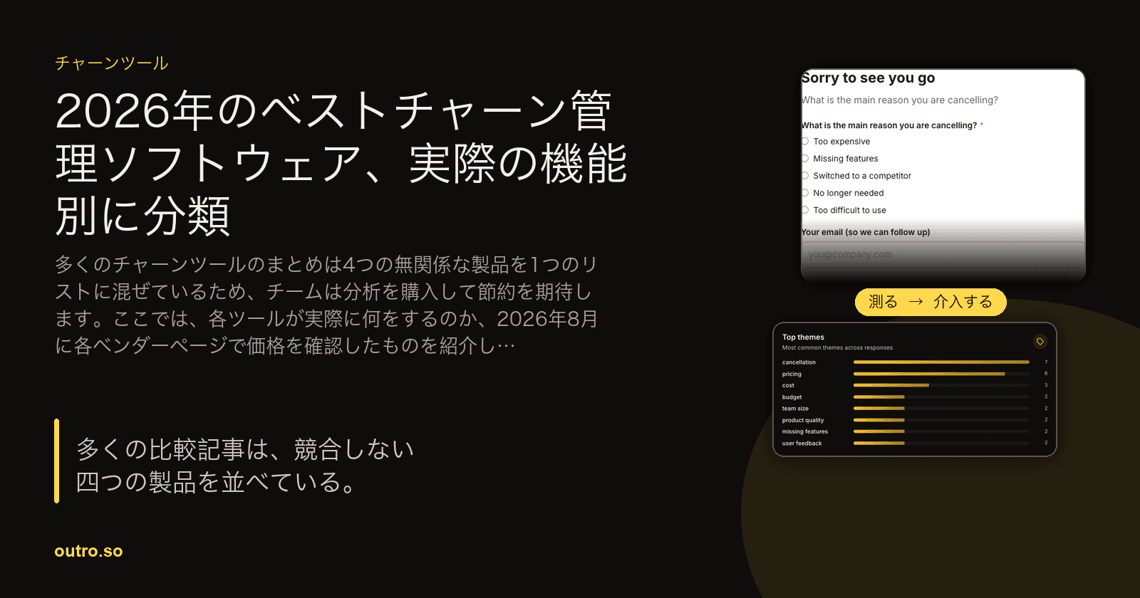 解約理由のダッシュボードの横にあるキャンセルページは、解約を測定することと介入することが異なる作業であることを示すラベル付き