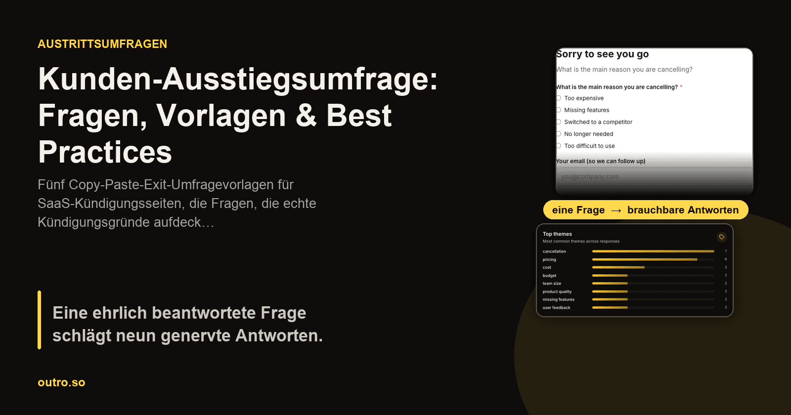 Eine Kündigungsseite mit einer offenen Frage neben einem Stapel von Copy-Paste-Austrittsumfragevorlagen