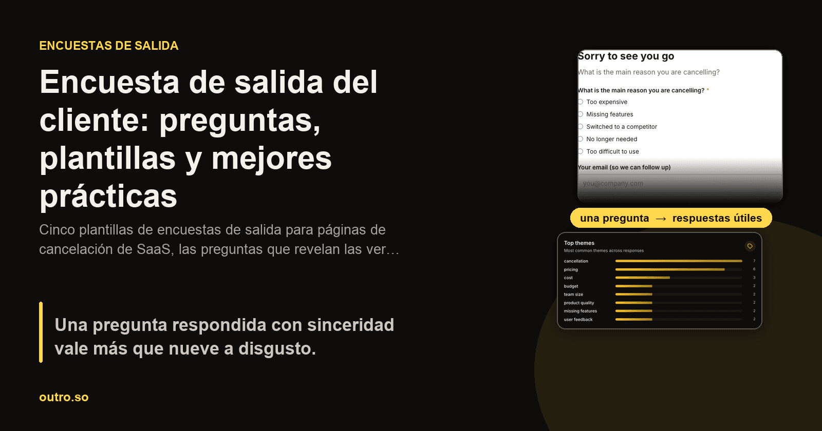 Una página de cancelación con una pregunta abierta junto a un conjunto de plantillas de encuestas de salida para copiar y pegar