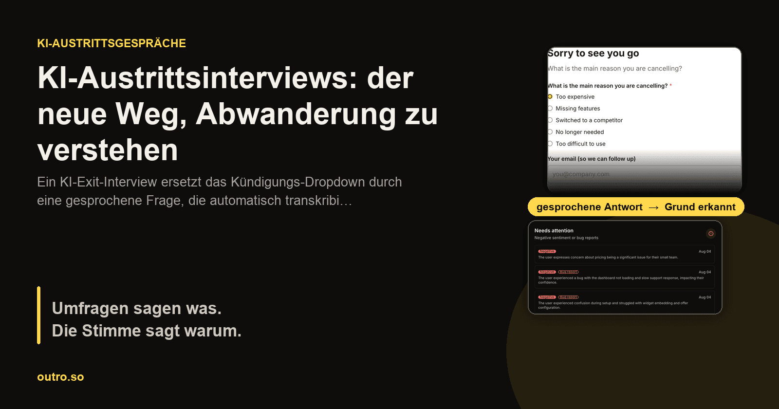 Eine Kündigungsseite mit einer Sprachaufnahmetaste neben der von KI generierten Zusammenfassung, die einen gesprochenen Satz in einen strukturierten Kündigungsgrund umwandelt