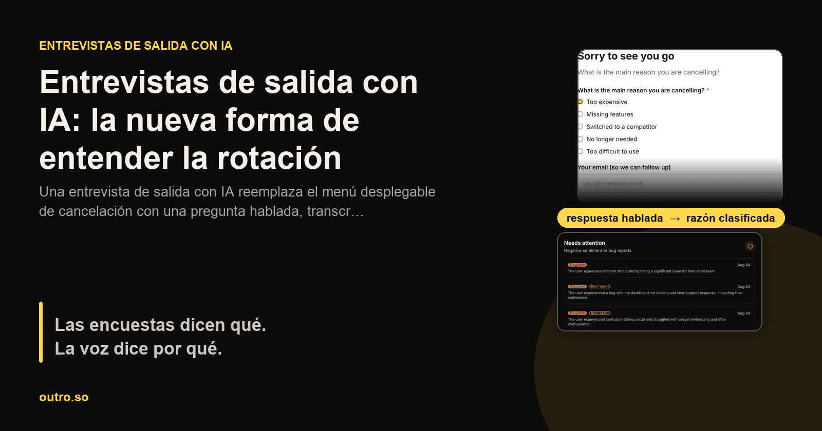 Una página de cancelación con un botón de grabación de voz junto al resumen generado por IA que muestra una frase hablada convertida en una razón estructurada de cancelación