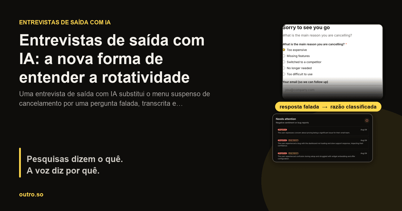 Uma página de cancelamento com um botão de gravação de voz ao lado do resumo gerado por IA que produziu, mostrando uma frase falada transformada em um motivo de cancelamento estruturado