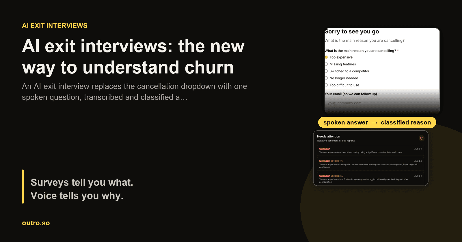 A cancellation page with a voice recording button beside the AI-generated summary it produced, showing a spoken sentence turned into a structured churn reason
