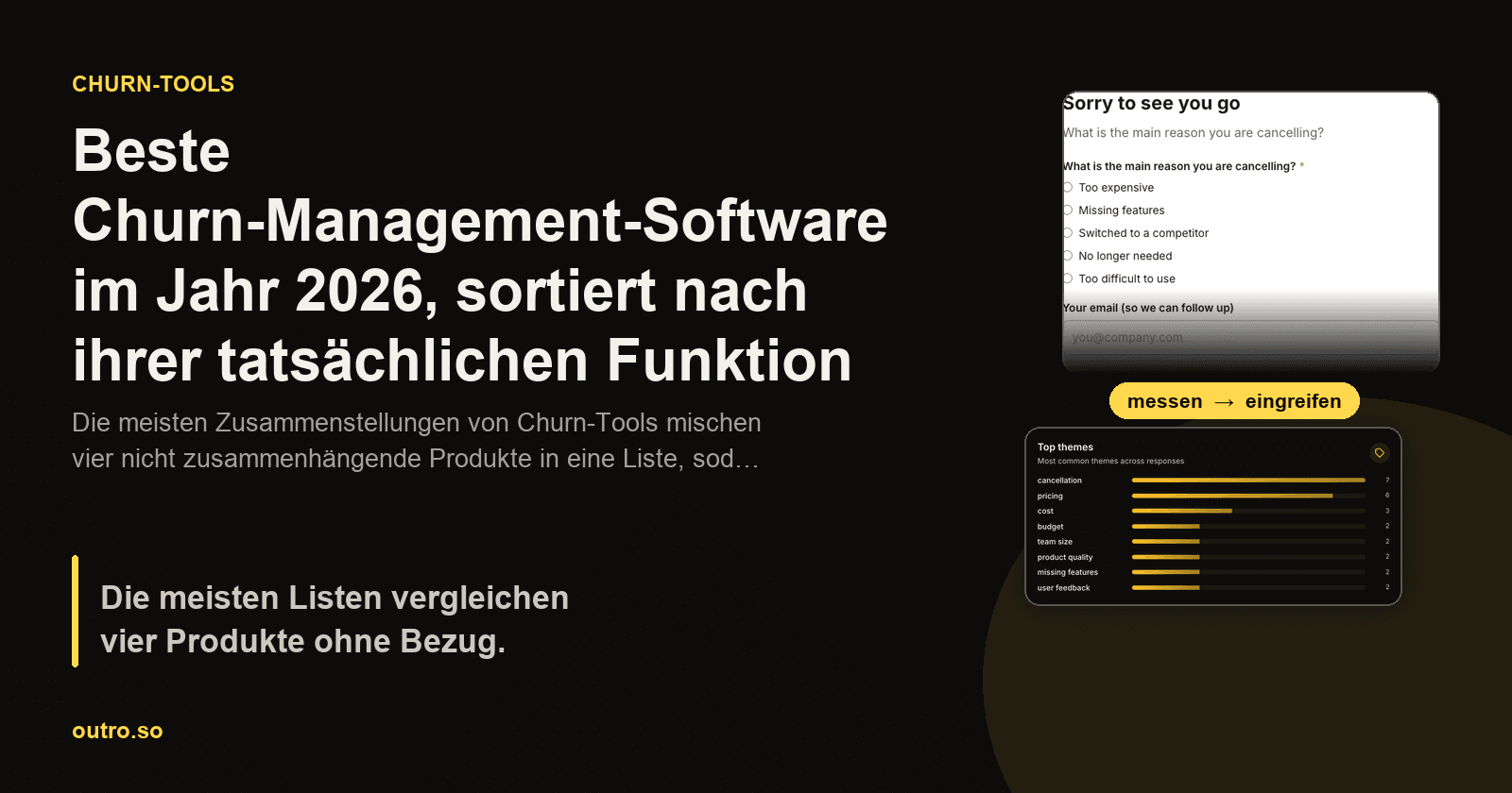 Eine Kündigungsseite neben einem Dashboard mit Kündigungsgründen, beschriftet, um zu zeigen, dass die Messung und das Eingreifen bei Kündigungen zwei verschiedene Aufgaben sind