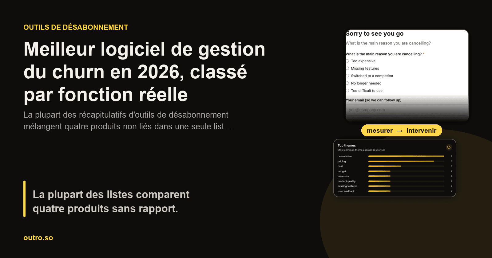 Une page d'annulation à côté d'un tableau de bord des raisons de désabonnement, étiquetée pour montrer que mesurer le désabonnement et y intervenir sont deux tâches différentes