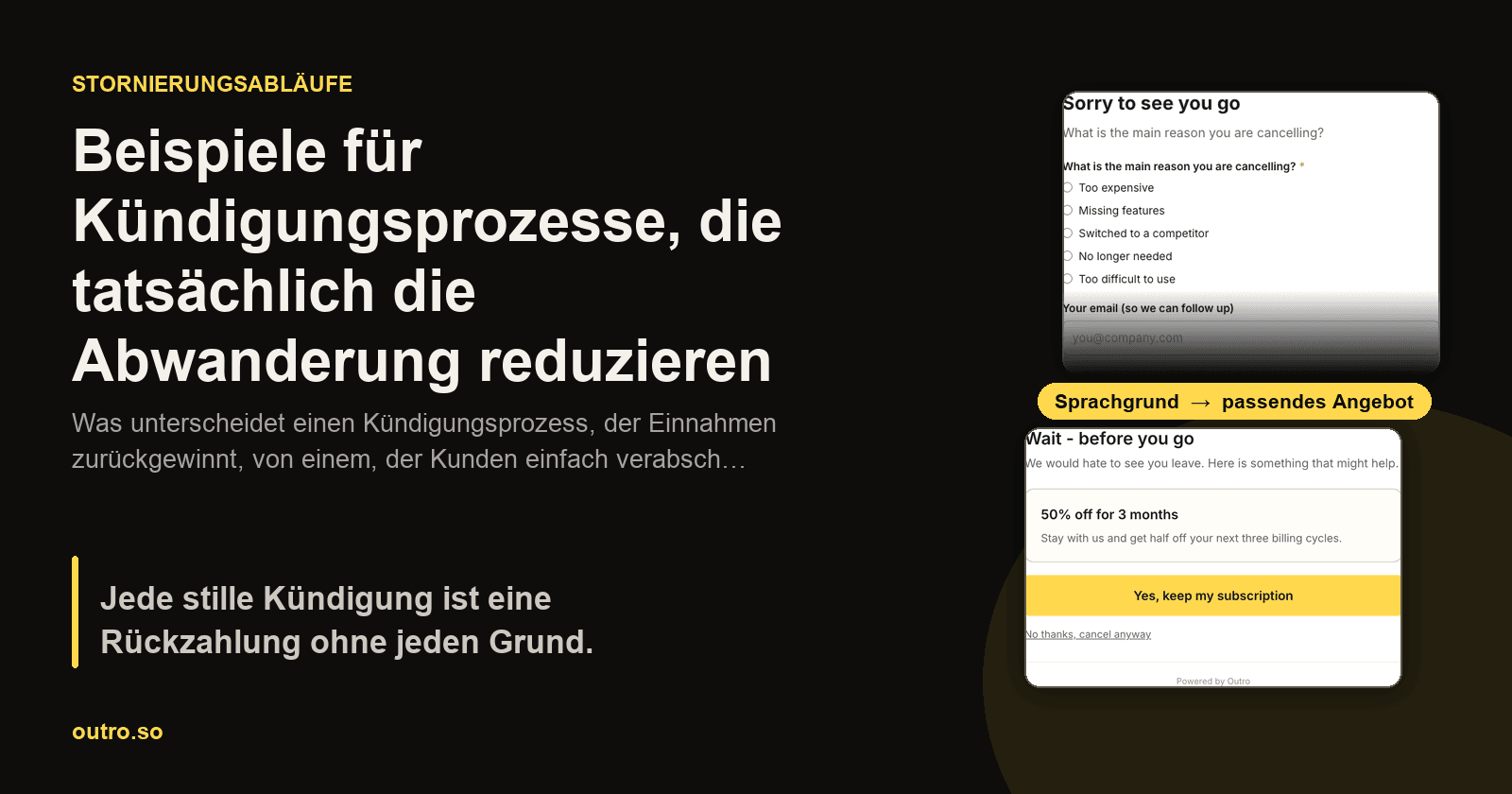 Eine echte Kündigungsseite neben dem ausgelösten Sparangebot, verbunden durch ein Label, das den Kündigungsgrund mit dem passenden Angebot verknüpft