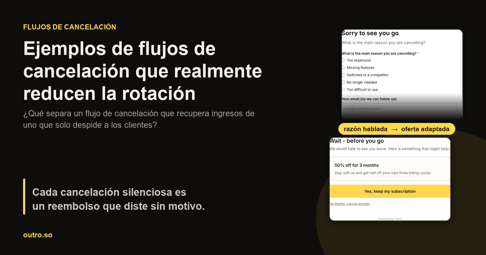 Una página de cancelación real junto con la oferta de retención que activó, conectada por una etiqueta que indica la razón de voz para la oferta correspondiente