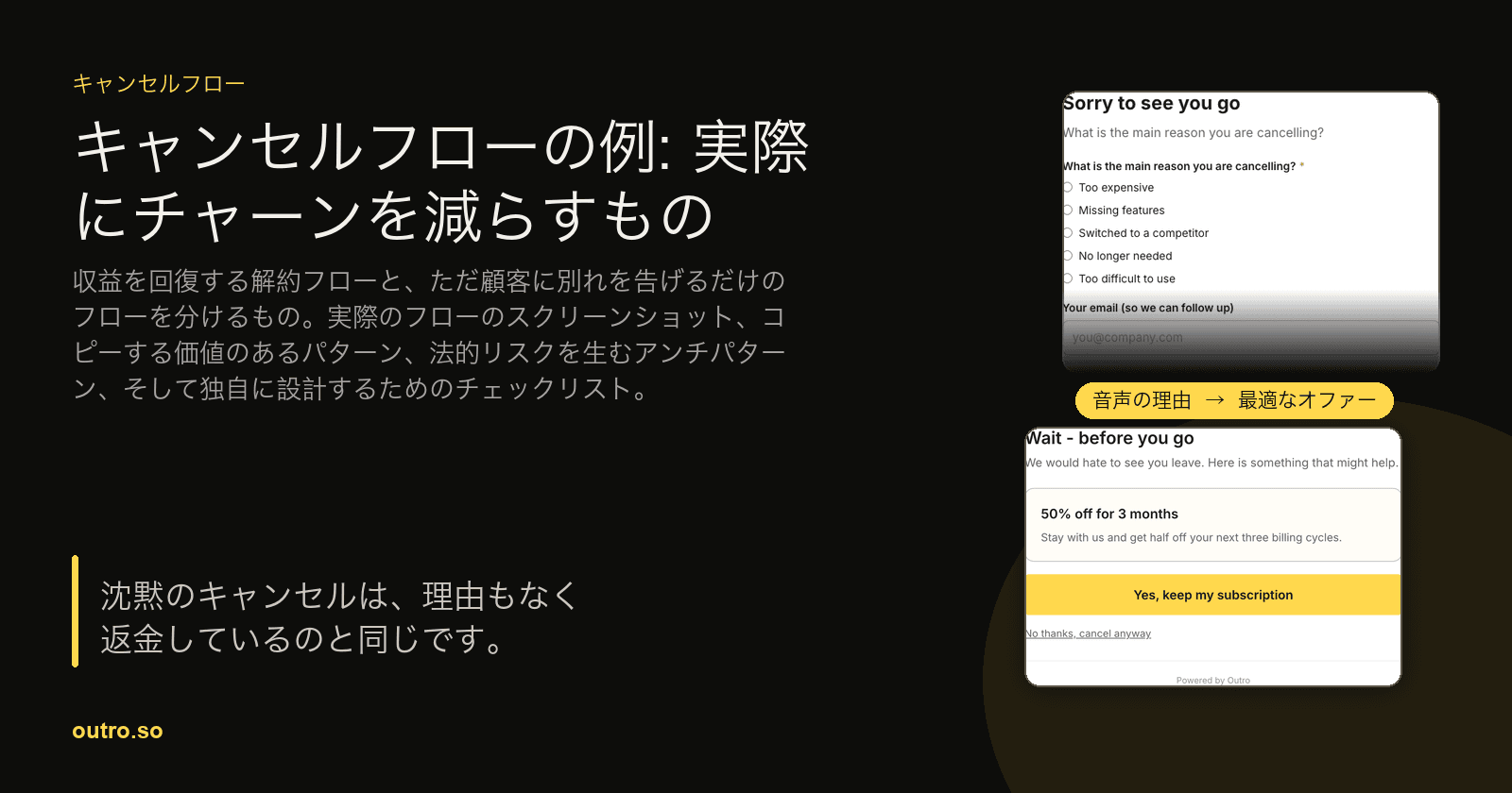 本物のキャンセルページは、トリガーされた保存オファーの横にあり、音声理由を一致するオファーに接続するラベルが付いています。