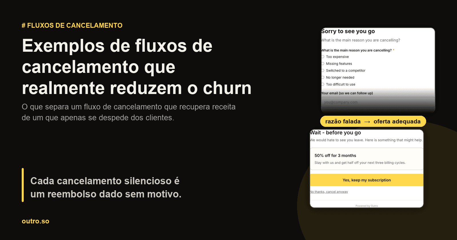 Uma página de cancelamento real ao lado da oferta de retenção que ela desencadeou, conectada por um rótulo que lê o motivo da voz para a oferta correspondente