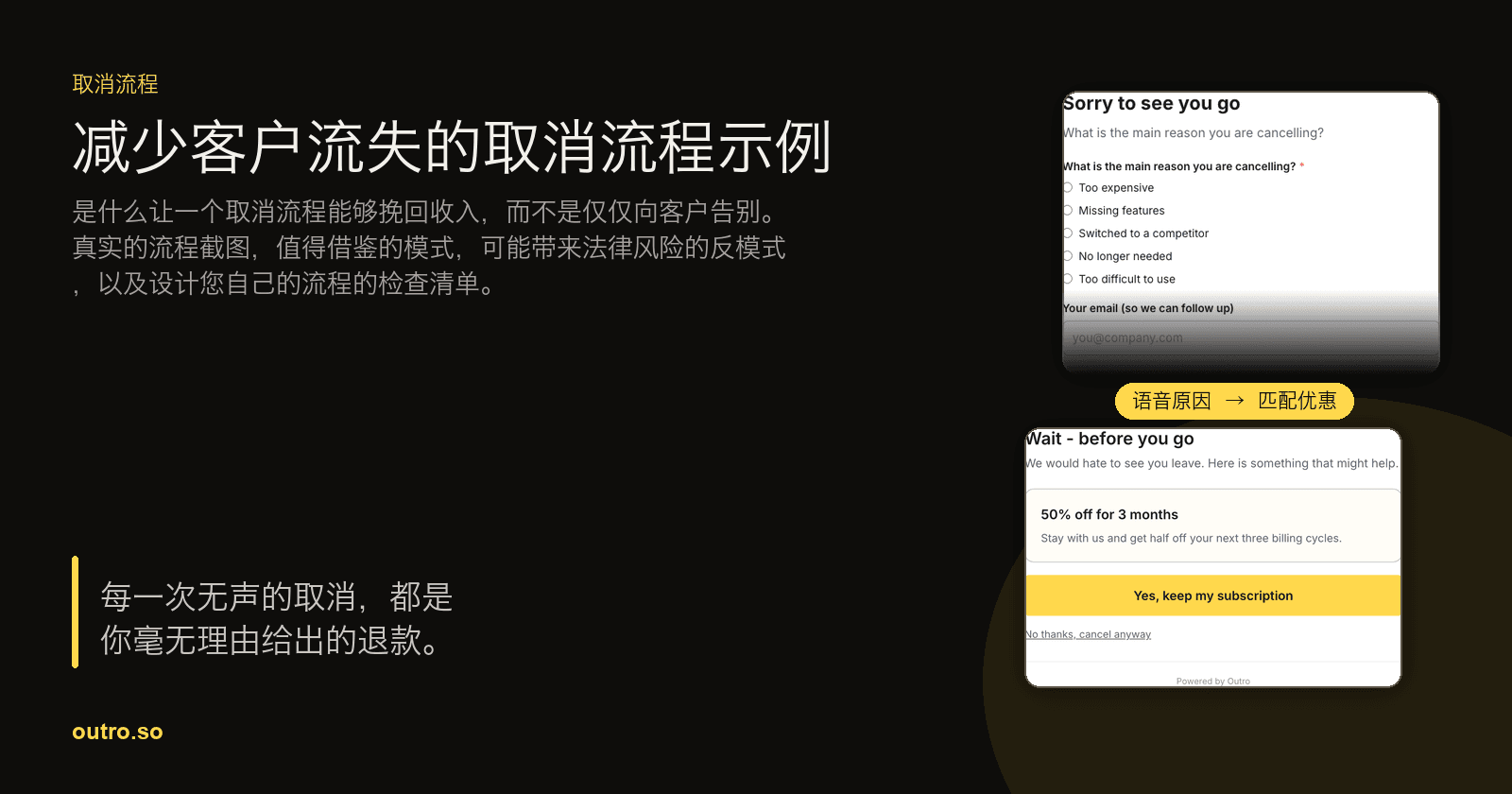 一个真实的取消页面,旁边是触发的保存优惠,通过一个标签连接,标签上写着语音原因以匹配优惠