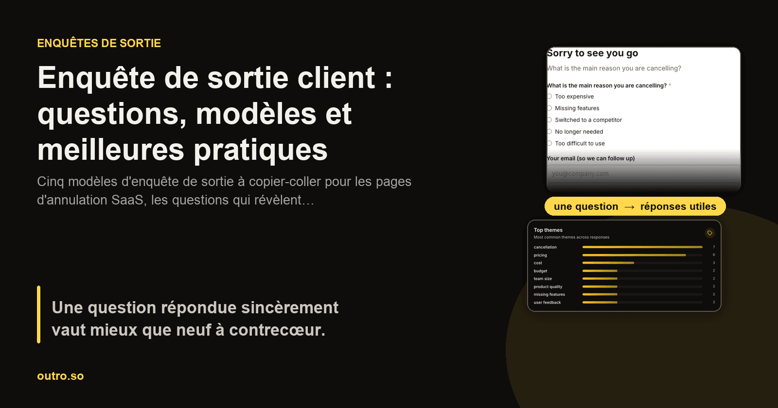 Une page d'annulation avec une question ouverte à côté d'une pile de modèles d'enquête de sortie à copier-coller