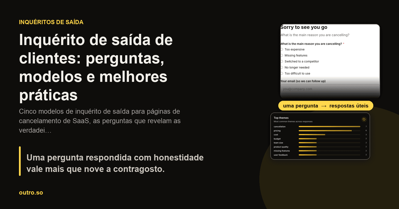 Uma página de cancelamento com uma pergunta aberta ao lado de uma pilha de modelos de inquérito de saída para copiar e colar