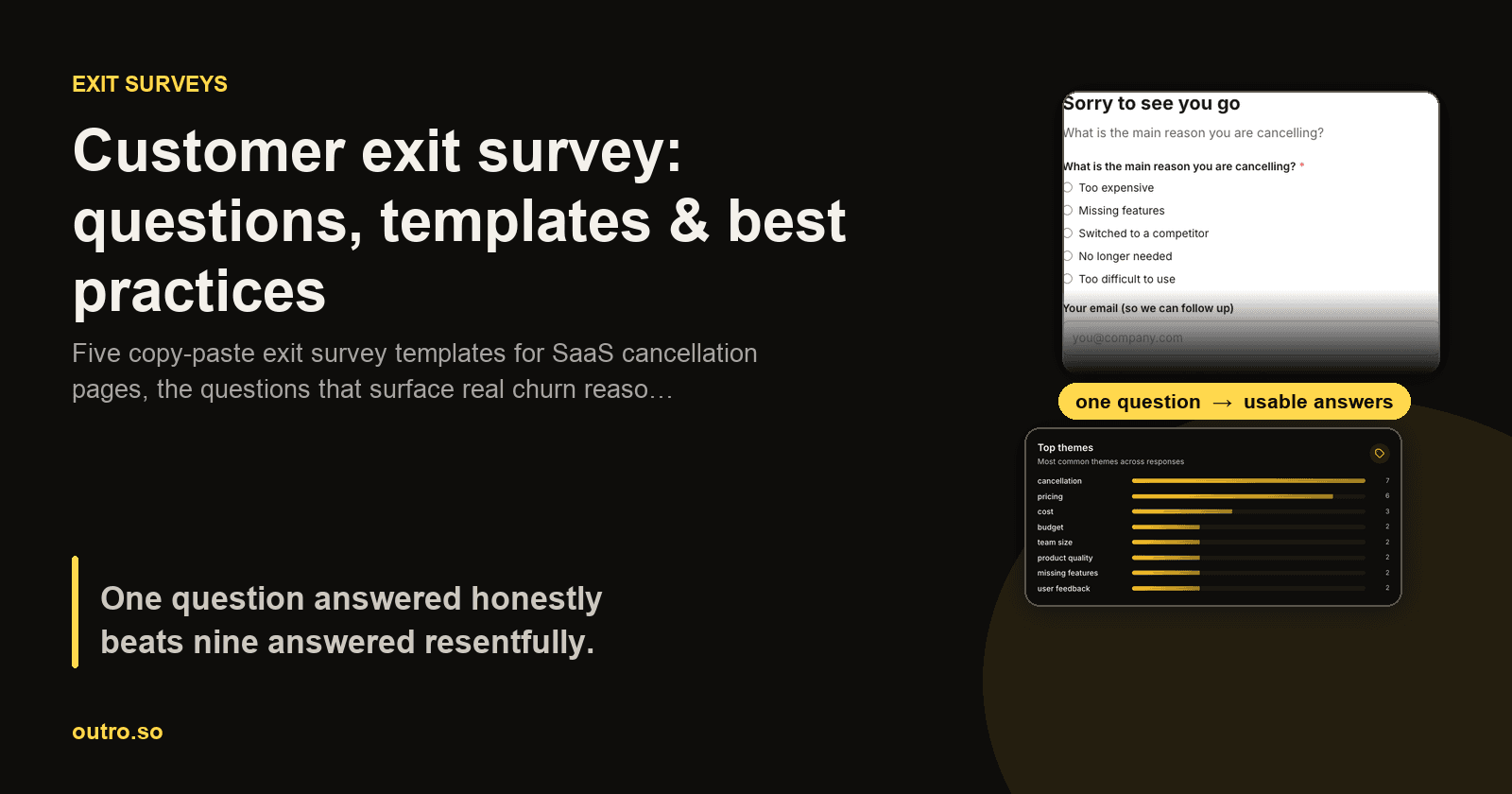 A cancellation page with one open question beside a stack of copy-paste exit survey templates