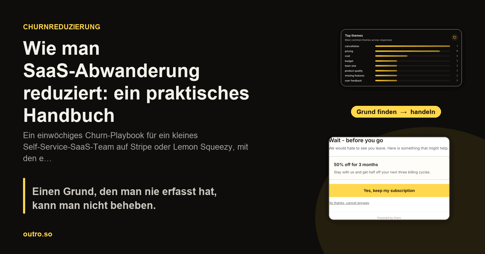 Eine Kündigungsseite neben einem passenden Sparangebot und einem Themenchart, angeordnet als drei Schritte eines Churn-Reduktionskreislaufs