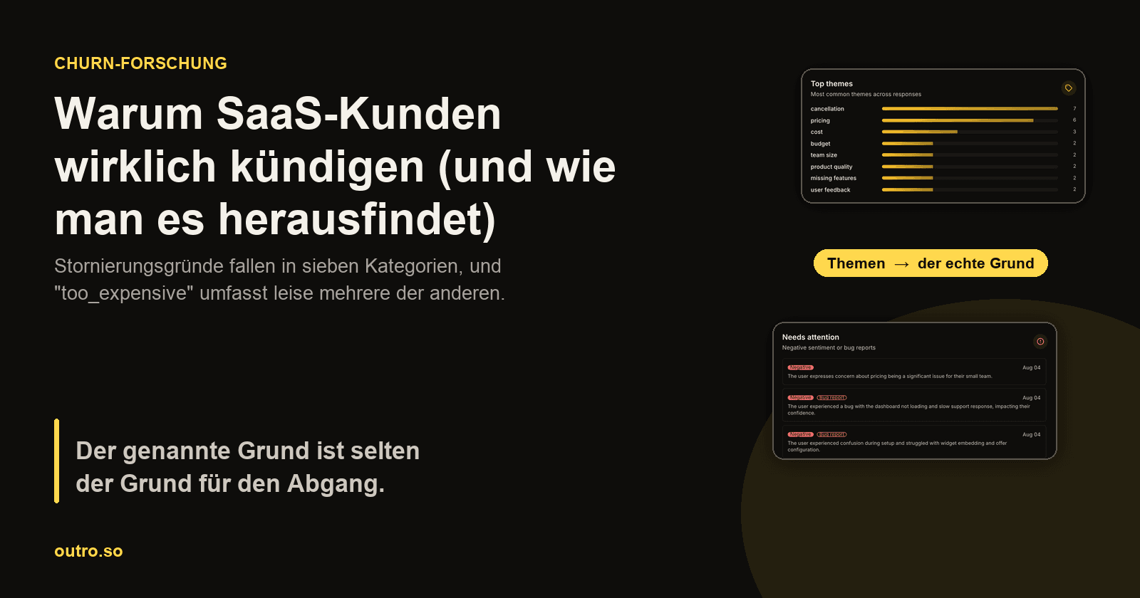 Ein Dropdown-Menü für Kündigungsgründe neben demselben Kunden, der seinen Grund laut erklärt, zeigt das Detail, das eine feste Kategorie verwirft.