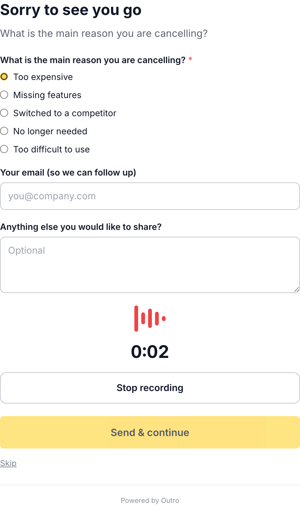 Die gleiche Kündigungsseite während der Aufnahme, zeigt eine rote Wellenform, einen 0:02 abgelaufenen Timer, einen Aufnahme stoppen-Button und den Überspringen-Link, der immer noch unten auf der Seite vorhanden ist